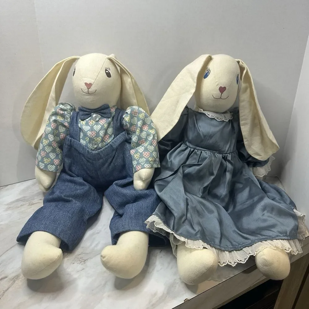 VTG Handmade Country Bunny Rabbits Plush Set Coquette Country‎ Chic Primitive